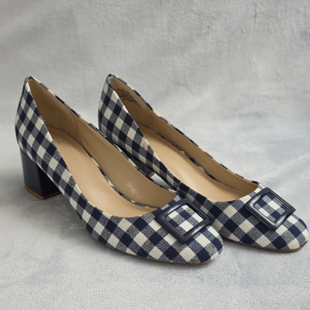 Crown & Ivy Navy Gingham Block Heel Pumps Womens Size 9 Beckie Buckle Toe